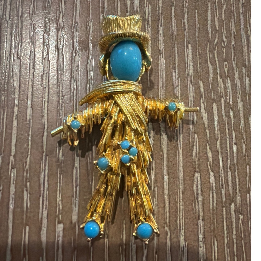 Vintage Gold Tone Scarecrow Brooch Turquoise Cabochon Fall Thanksgiving Pin